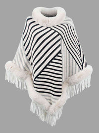 Thumbnail for Striped Fringe Hem Poncho - T - 5 COLORS -