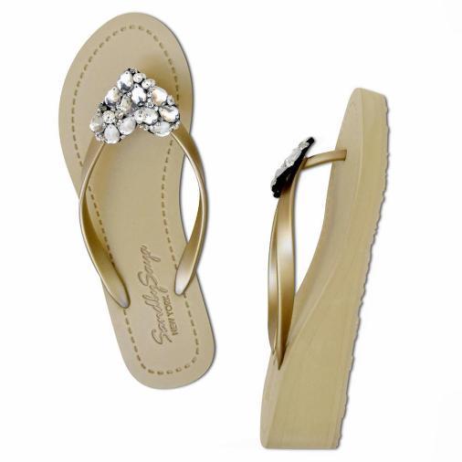 SAND BY SAYA N.Y. - Crystal Heart - Rhinestone Mid Wedge Flip Flops - 2 COLORS -