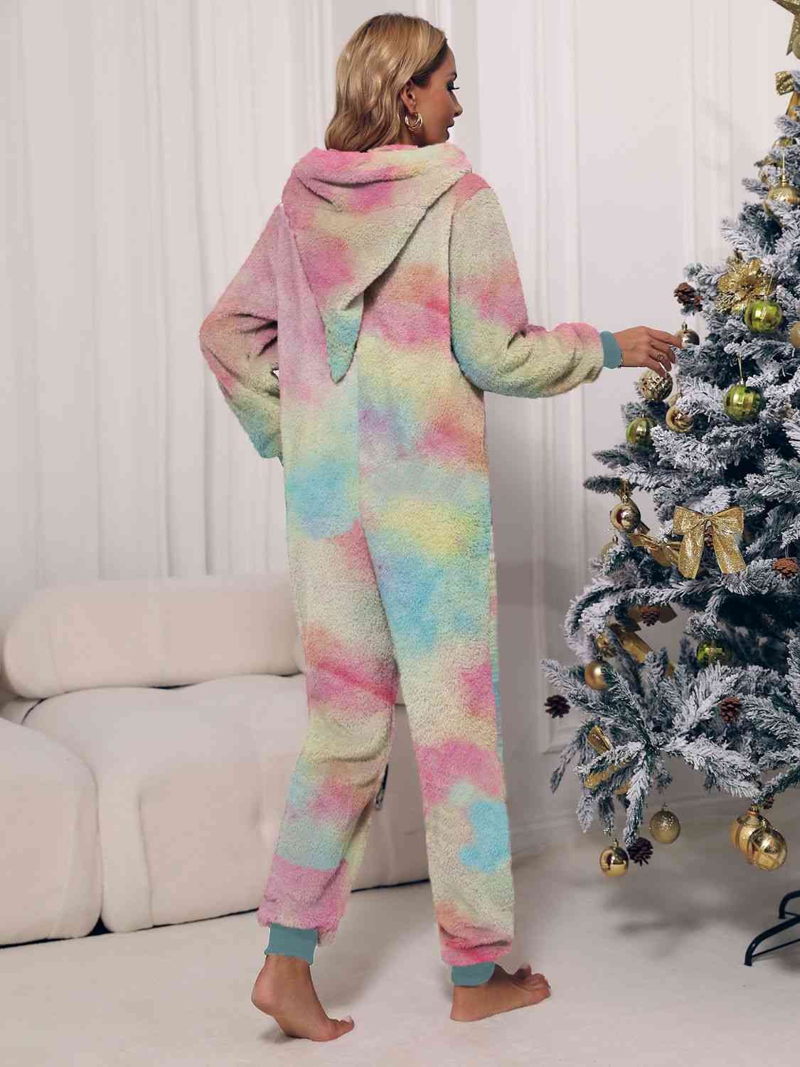 Zip Front Long Sleeve Hooded Teddy Lounge Jumpsuit - T - 1 COLOR/3 TIE DYES -