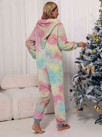 Thumbnail for Zip Front Long Sleeve Hooded Teddy Lounge Jumpsuit - T - 1 COLOR/3 TIE DYES -