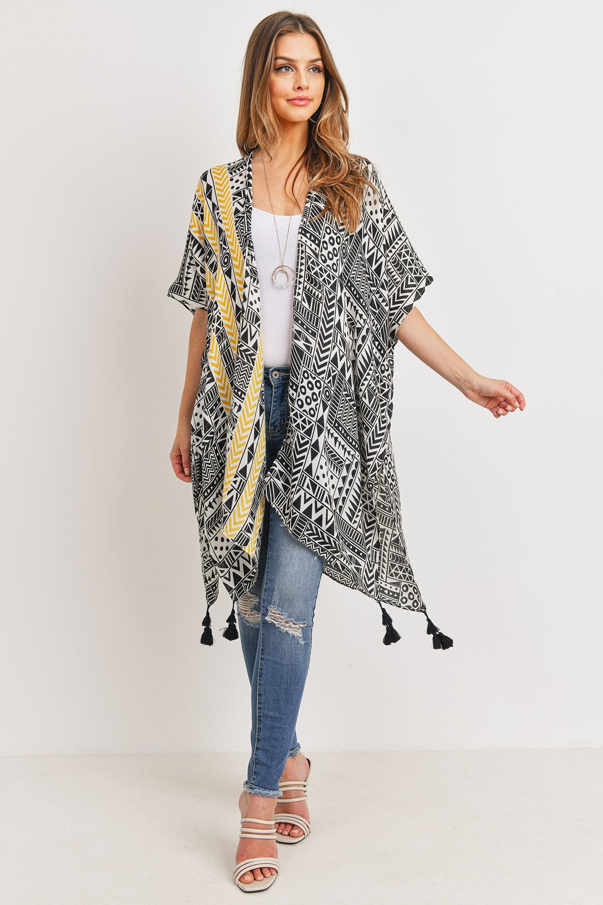 Riah Fashion - Tribal Pattern Print Tasseled Open Front Kimono - 1 COLOR