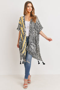 Thumbnail for Riah Fashion - Tribal Pattern Print Tasseled Open Front Kimono - 1 COLOR