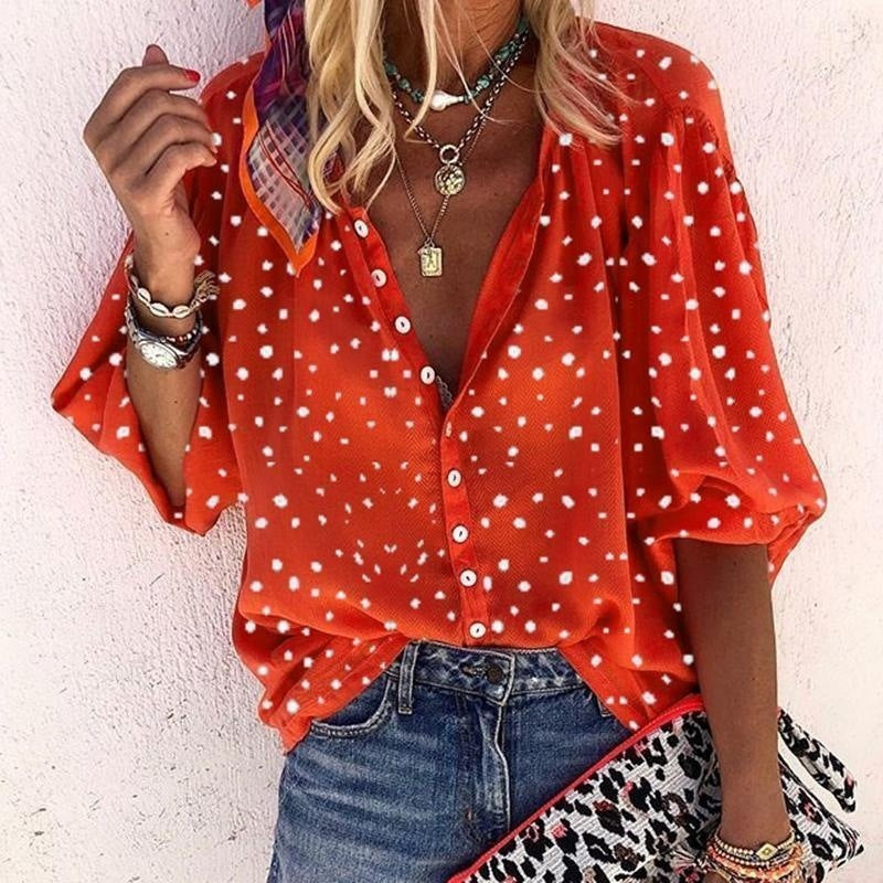 Polka Dot Snowflake Print Long Sleeve V Neck Button Ladies Shirt - K - 3 COLORS -