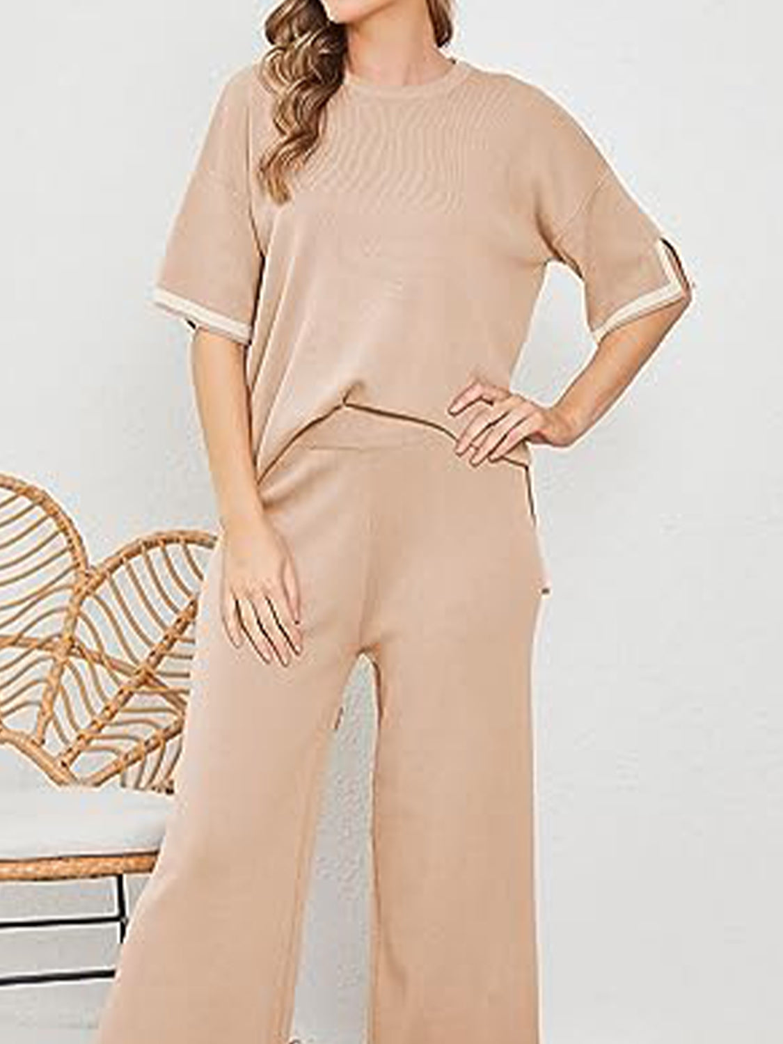 Contrast High-Low Sweater and Knit Pants Set - T - 7 COLORS -