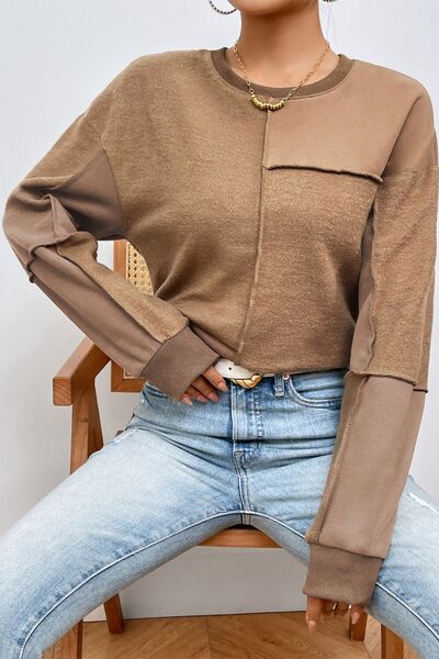 Exposed Seam Round Neck Long Sleeve Sweatshirt - T - 1 COLOR -