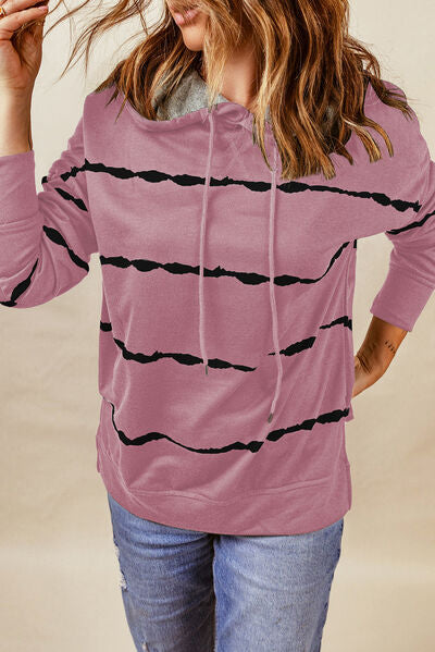 Drawstring Striped Dropped Shoulder Hoodie - T - 2 COLORS -