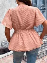 Thumbnail for Plus Size V-Neck Flutter Sleeve Tie Waist Blouse - SIZES 1XL THRU 4XL - T - 1 COLOR -