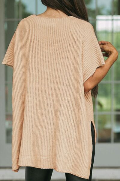 Waffle-Knit Slit Short Sleeve Sweater - T - 1 COLOR -