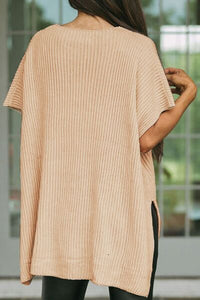 Thumbnail for Waffle-Knit Slit Short Sleeve Sweater - T - 1 COLOR -