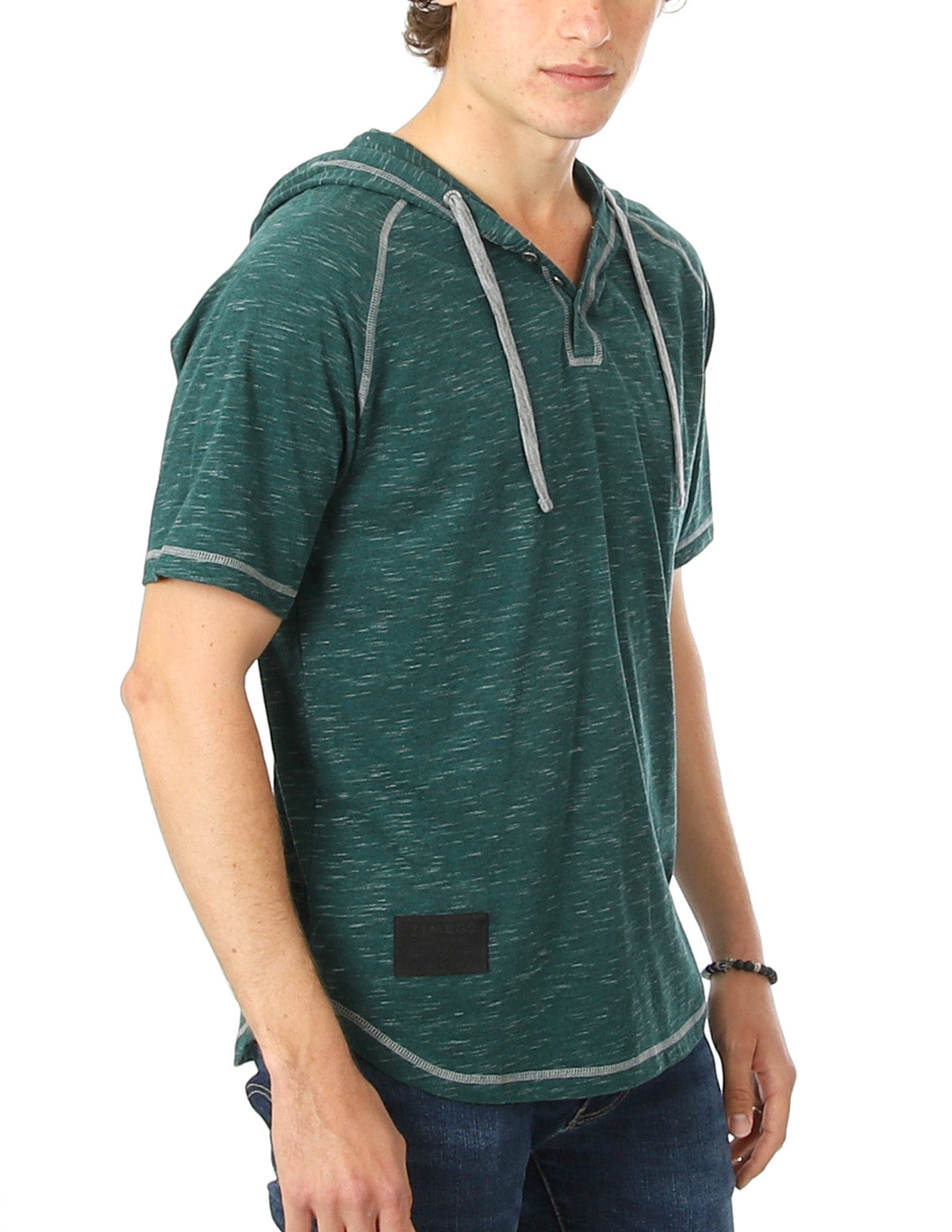 Men's Short Sleeve Raglan Henley Hoodie Round Bottom Semi Longline T-Shirt - 1 COLOR -