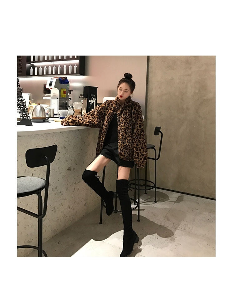 Sharon Tatem - Winter Leopard Print - Stand Collar - Warm Parka - Loose Faux Fur -