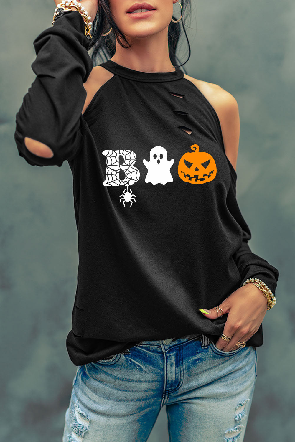 Cold Shoulder Boo Graphic Distressed Blouse - T - 1 COLOR -