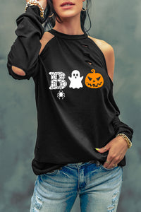 Thumbnail for Cold Shoulder Boo Graphic Distressed Blouse - T - 1 COLOR -