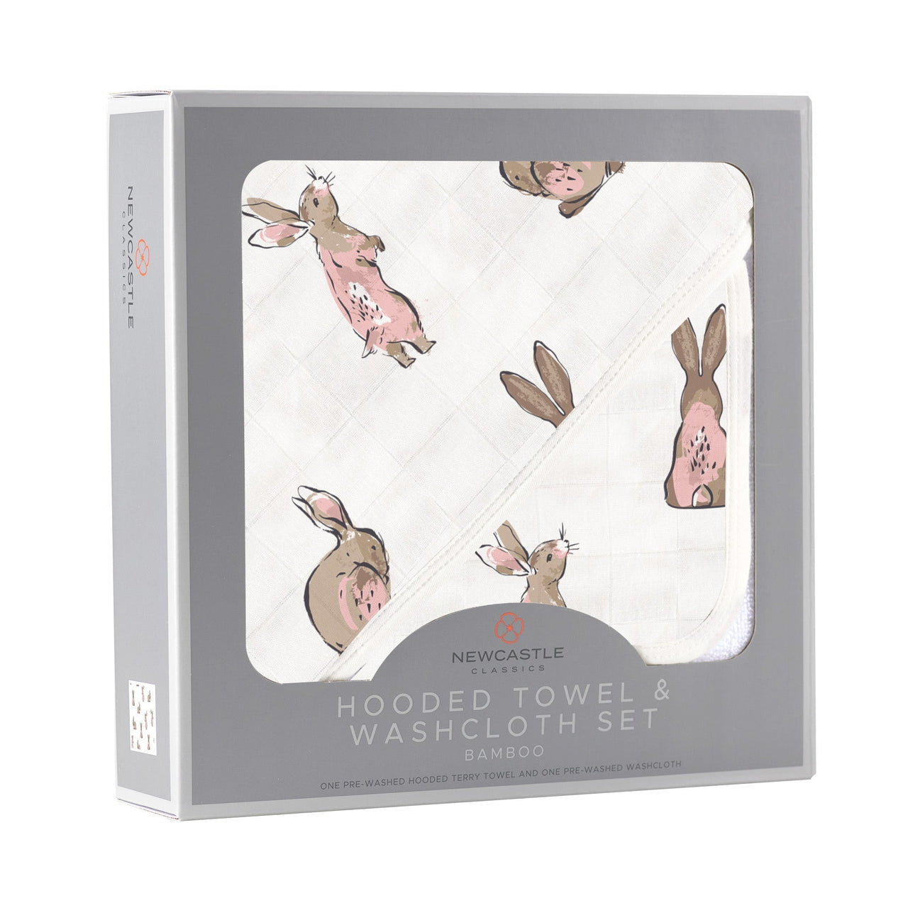 Newcastle - Powder Pink Bunnies Bamboo Hooded Towel and Washcloth Set - 1 COLOR -