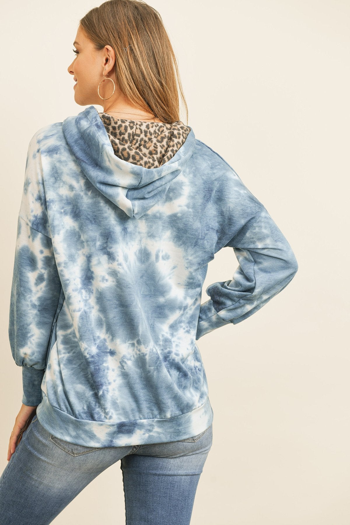 Riah Fashion - Tie Dye Long Sleeve Leopard Contrast Pocket Hoodie With Drawstrings - 1 COLOR -