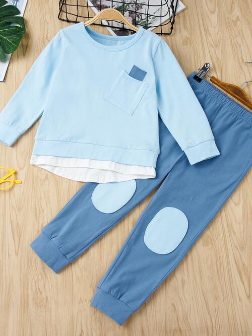 Round Neck Top and Contrast Pants Set - 2 PCS. - T - 2 COLORS -