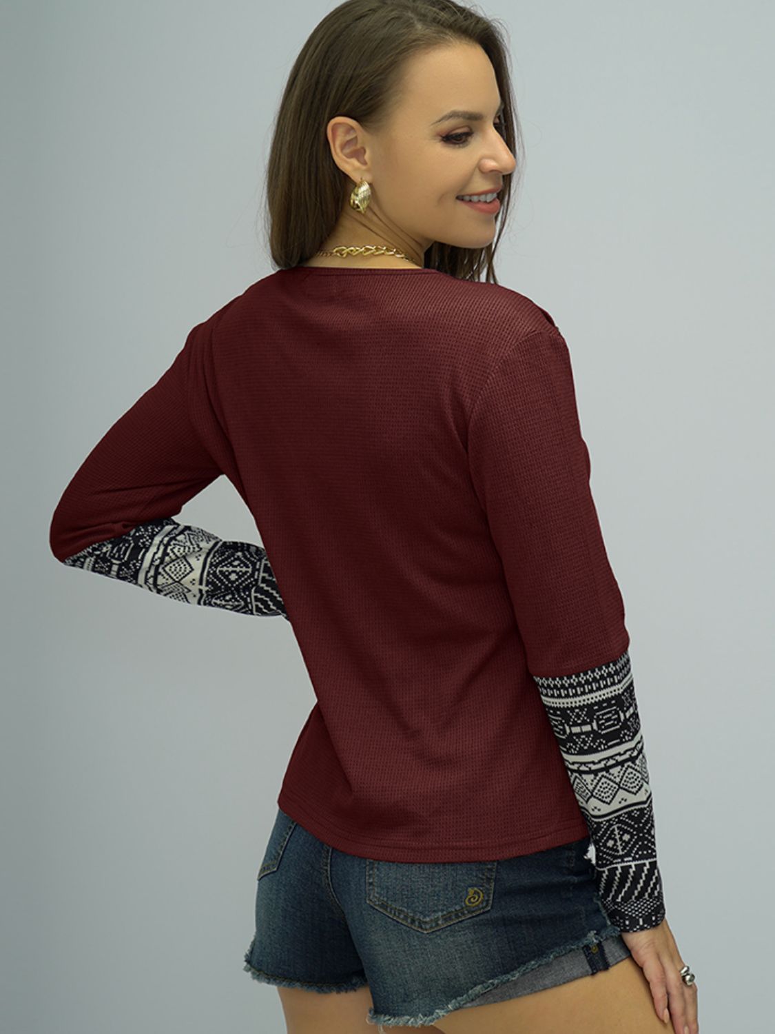 Buttoned Round Neck Long Printed Sleeve Tee - T - 1 COLOR -