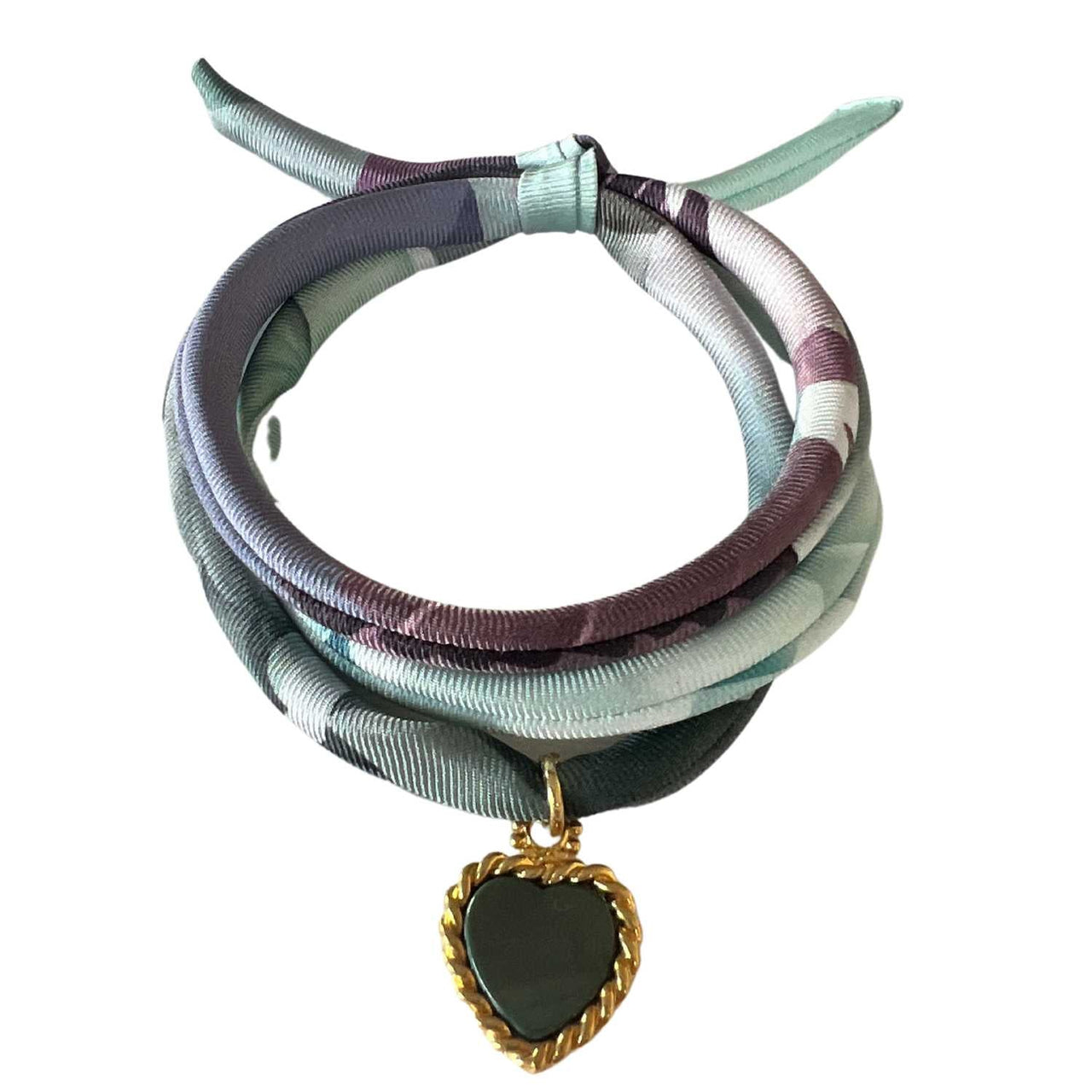 Akalia - Sage Hand Printed Silk Twill Bracelet Sterling Silver Gold Plated Enamel Love Charm -