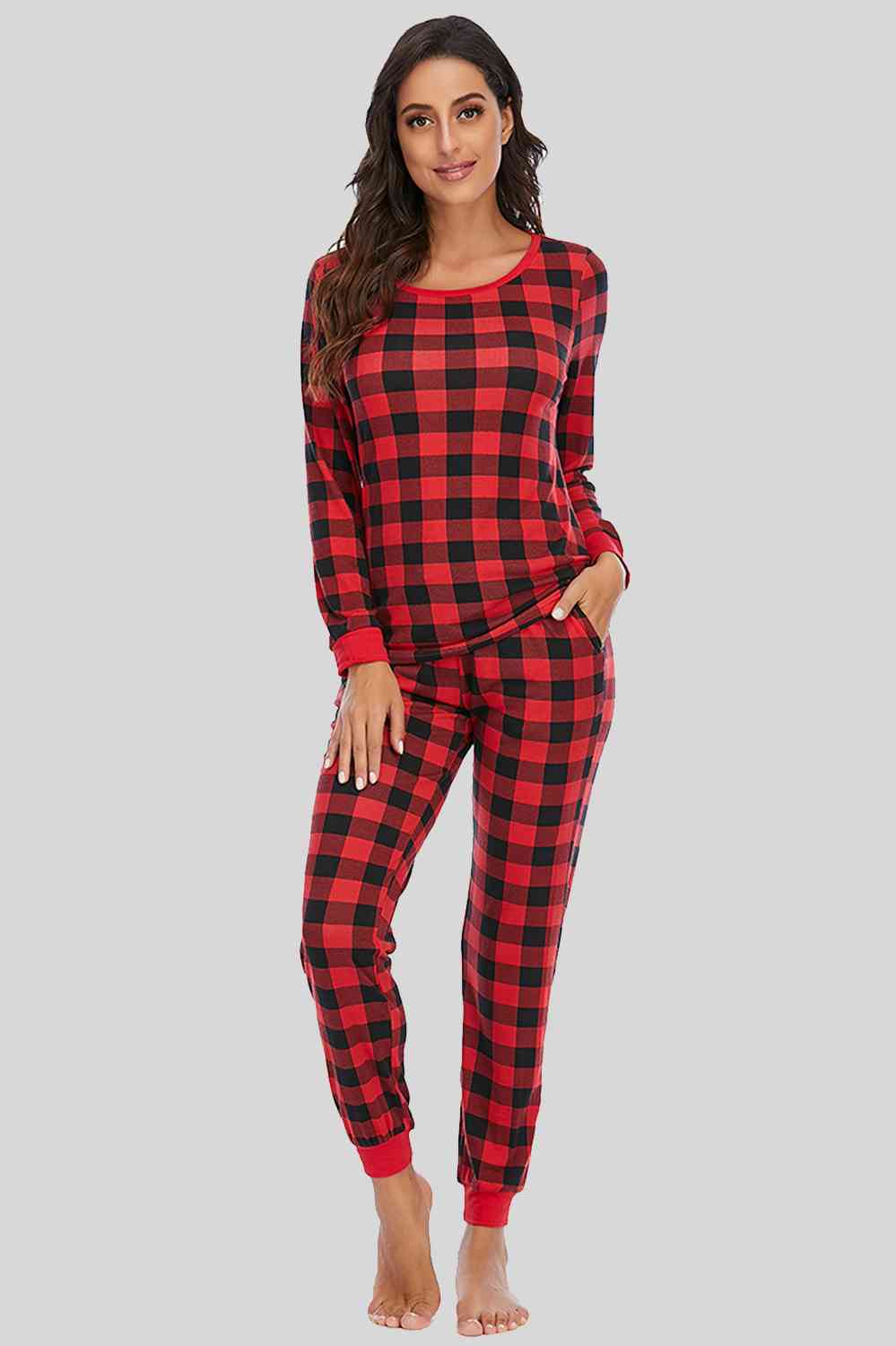 Plaid Round Neck Top and Pants Set - T - 2 COLORS -