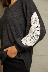 Thumbnail for Sew In Love Full Size Lace Patch Detail Sweater - T - 1 COLOR -