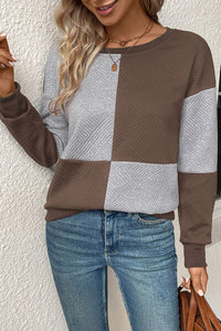 Thumbnail for Textured Color Block Round Neck Sweatshirt - T - 4 COLORS -