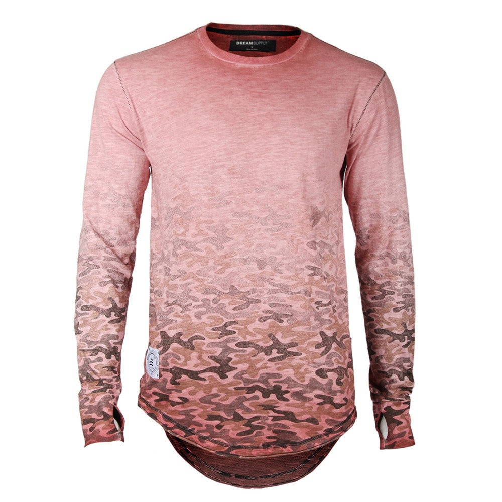 Men's Long Sleeve  Longline Round Bottom Oil Wash T-Shirt - 1 COLOR