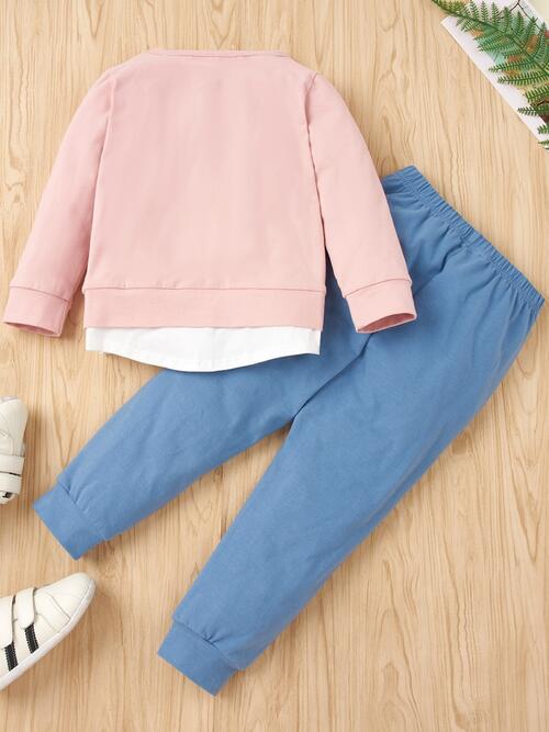 Round Neck Top and Contrast Pants Set - 2 PCS. - T - 2 COLORS -