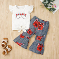 Thumbnail for Graphic Tie Hem Top and Floral Flare Pants Set - 2 PCS. - T - 2 SHIRT COLORS -