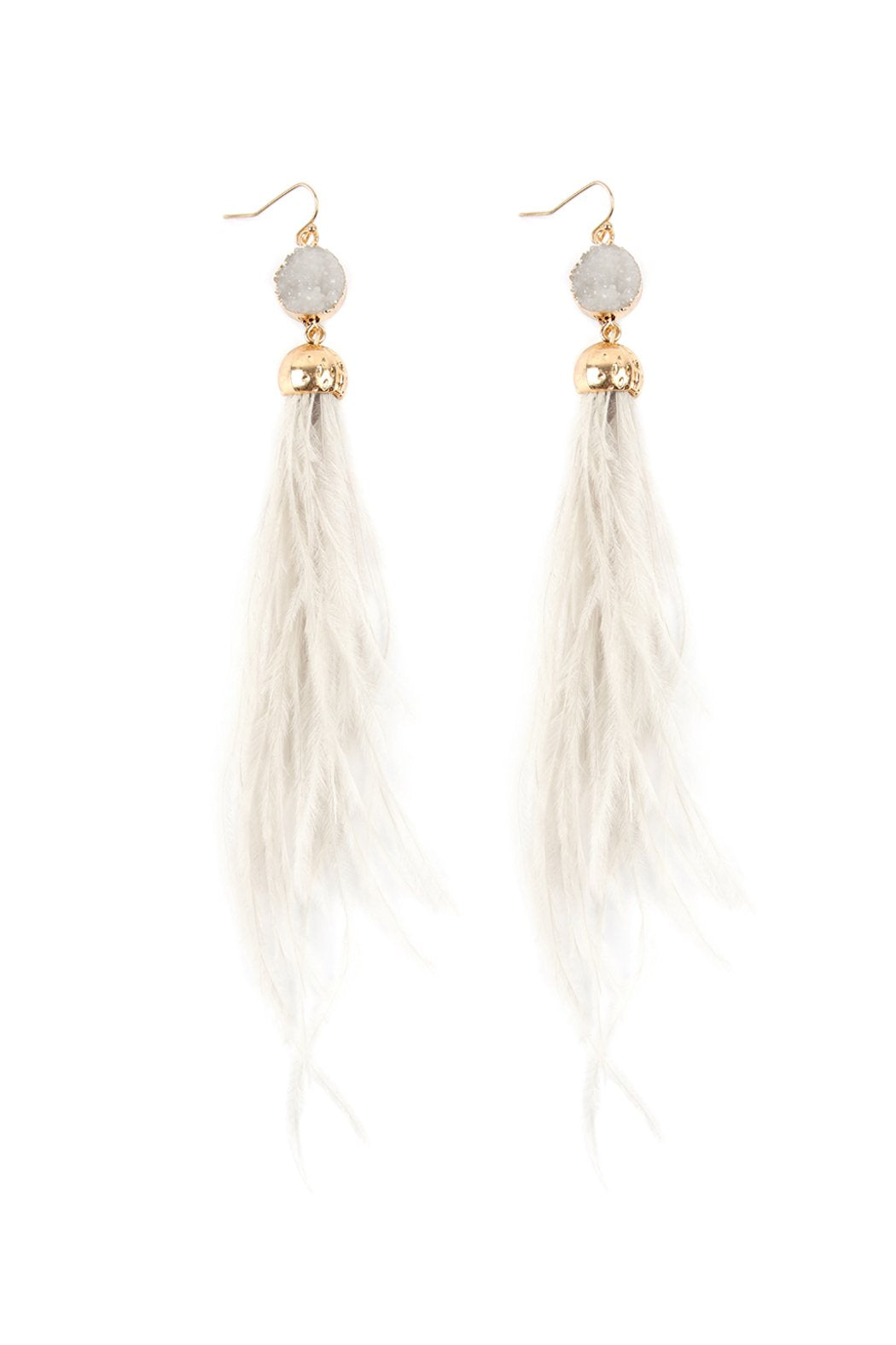 Riah Fashion - Druzy Stone Dangling Feather Earrings - 7 COLORS -