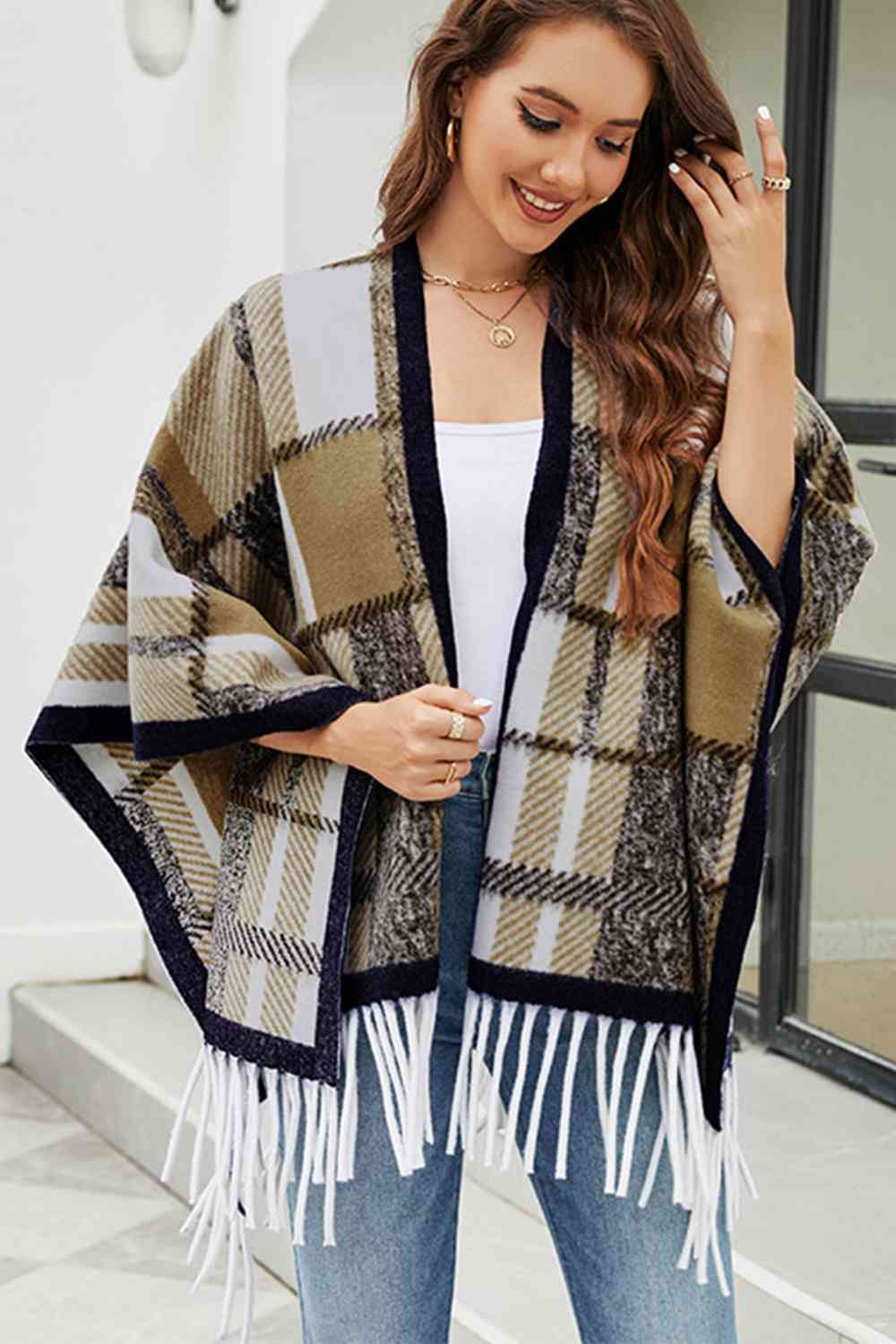 Cloak Sleeve Fringe Detail Poncho - T - 1 SIZE - 5 COLORS -