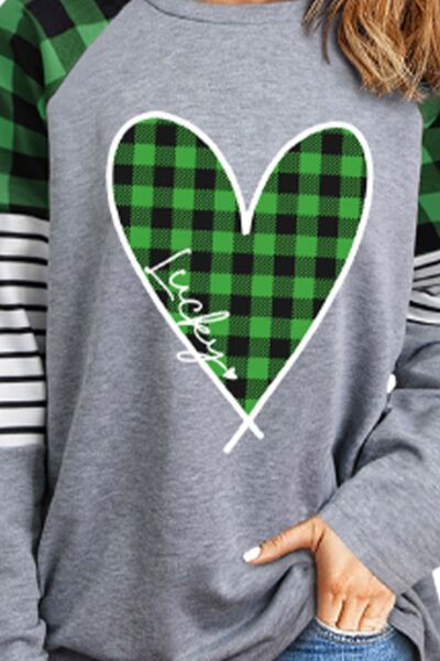 Plaid Heart Raglan Sleeve Sweatshirt - T - 1 COLOR -