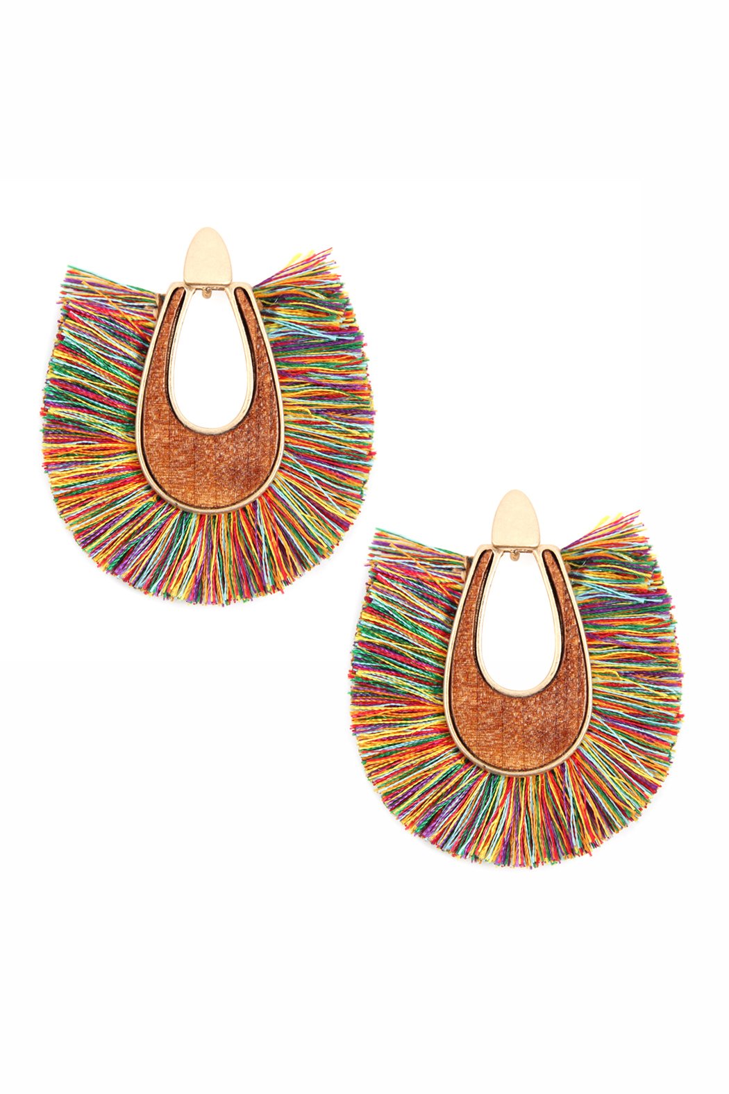 Wood With Thread Tassel Post Earrings - 11 COLORS -