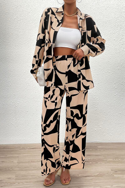 Printed Button Up Shirt and Pants Set - 2 PCS. - T - 1 COLOR -