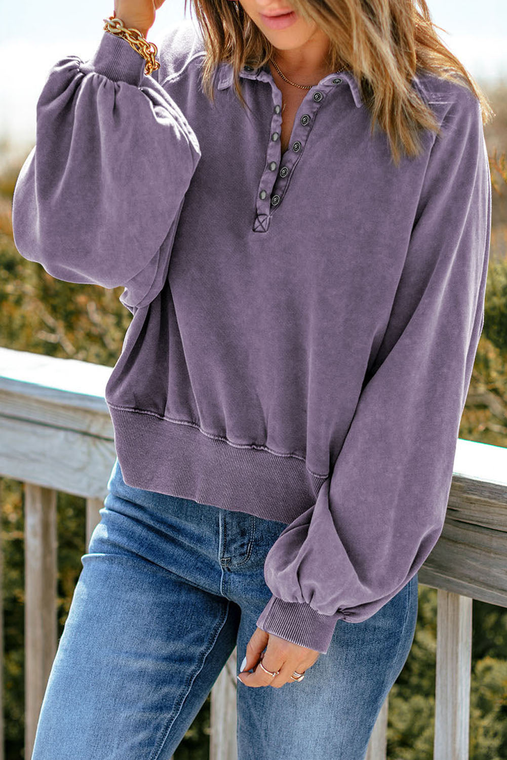 Quarter-Snap Collared Lantern Sleeve Sweatshirt - T - 4 COLORS -