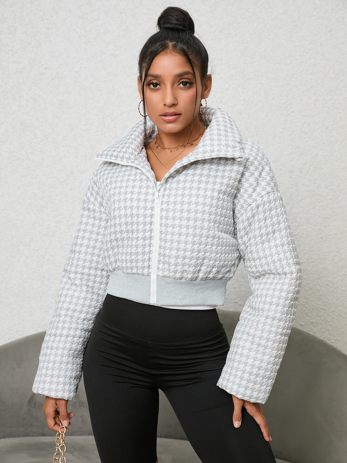 Houndstooth Zip-Up Jacket - T - 1 COLOR -