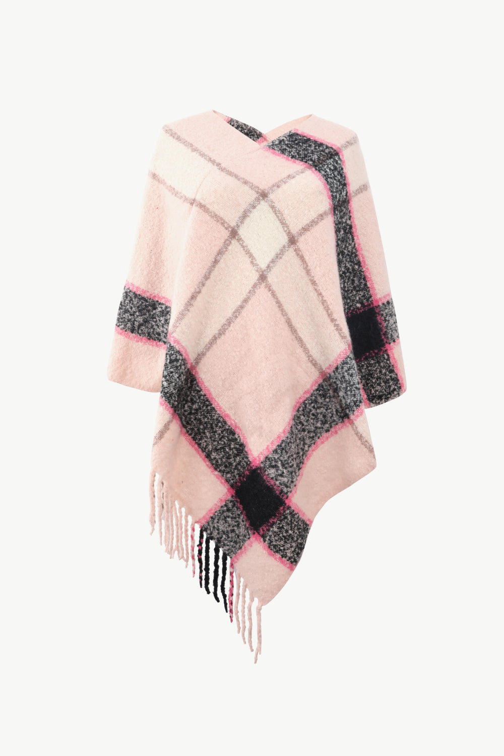 Plaid Fringe Detail Poncho - T - 7 COLORS -