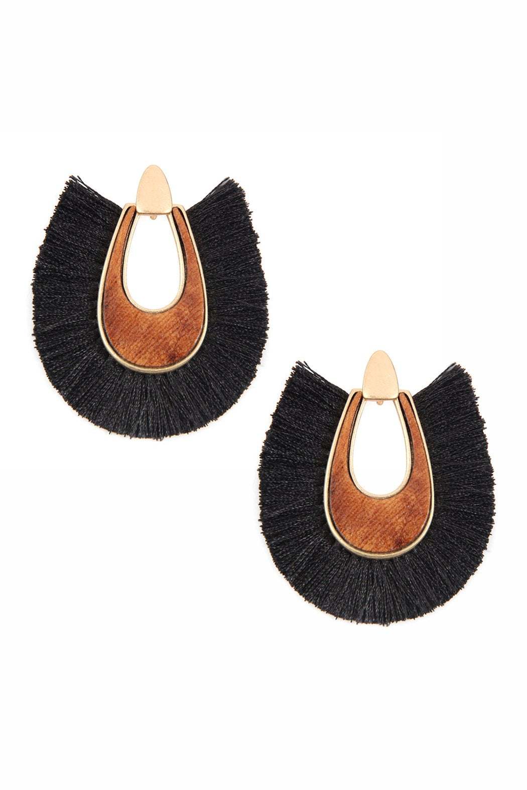 Wood With Thread Tassel Post Earrings - 11 COLORS -