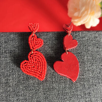 Bead Stainless Steel Heart Dangle Earrings - T - 2 COLORS -