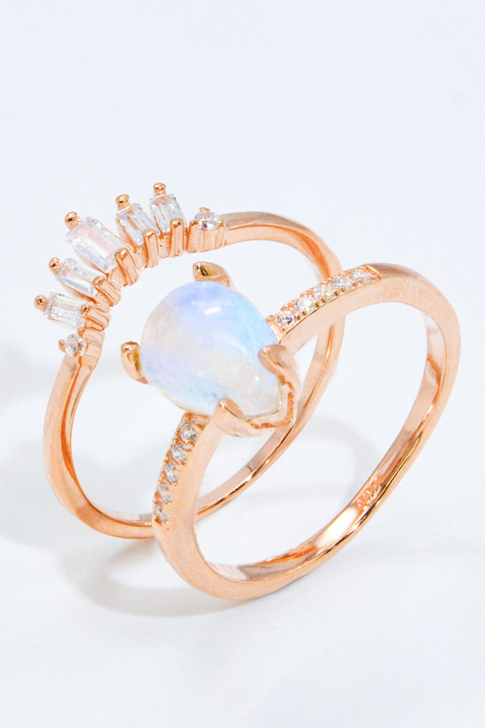 Natural Moonstone and Zircon 18K Rose Gold-Plated Two-Piece Ring Set - T - SIZES 6 THRU 9 - 1 FINISH -