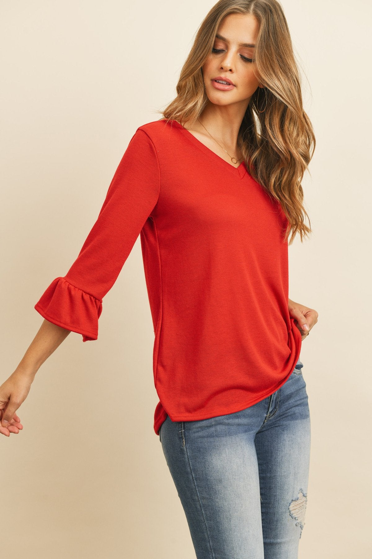 Riah Fashion - Solid Bell Sleeve V-Neck Top - 5 COLORS -