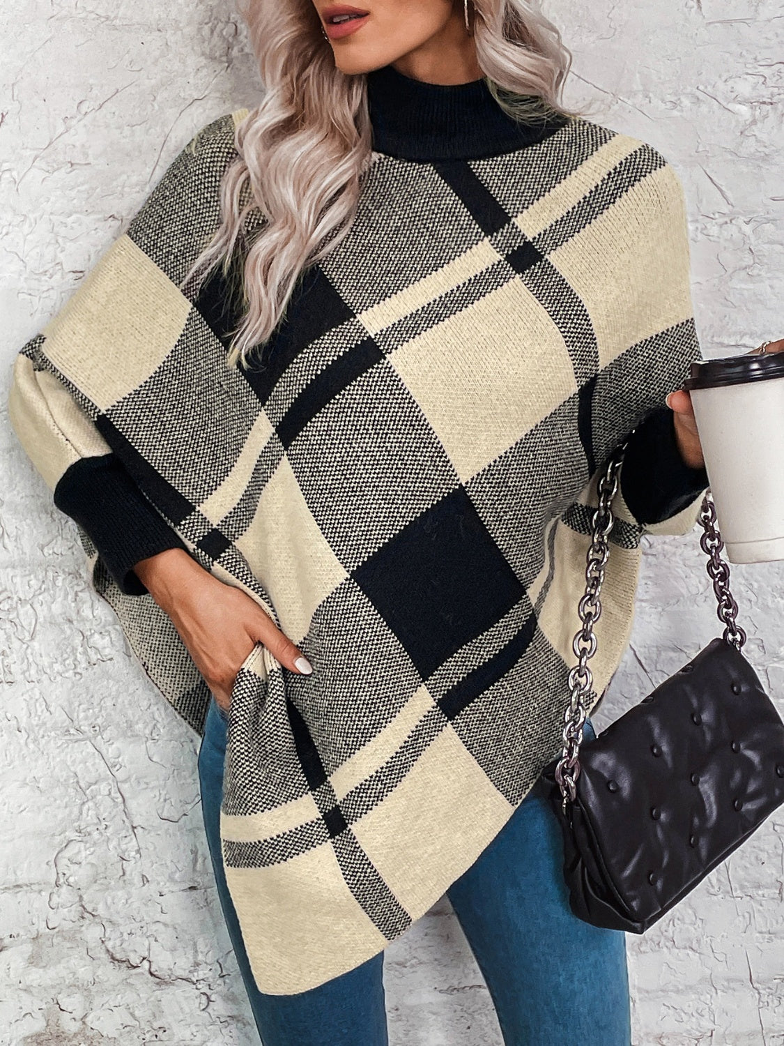 Plaid Turtleneck Poncho - T - 1 COLOR -