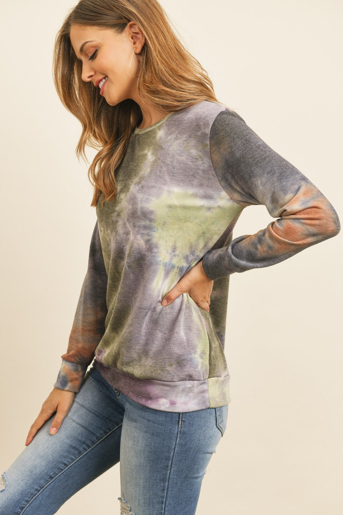 Riah Fashion - Round Neck Tie Dye Print Pullover - 2 COLORS -