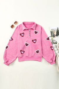 Thumbnail for Heart Sequin Half Snap Mineral Wash Sweatshirt - T - 1 COLOR -