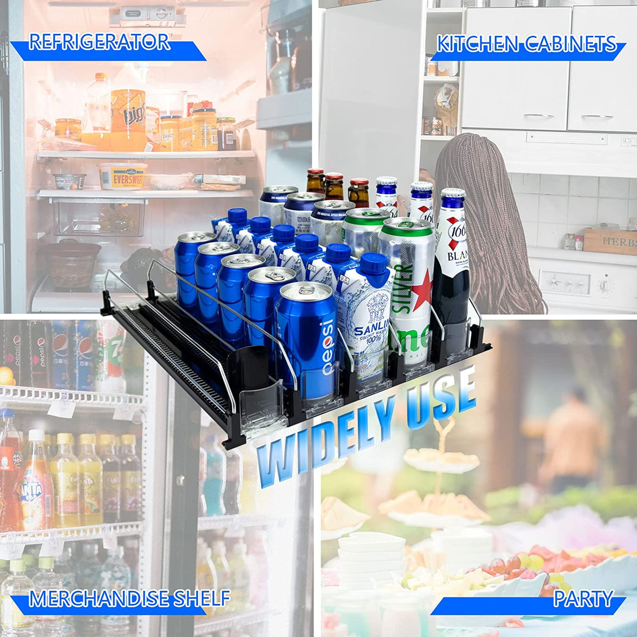 Drink Organizer for Fridge, Self-Pushing Soda Can Dispenser 5 Row Adjustable, Beer Pop Can Water Bottle Storage -