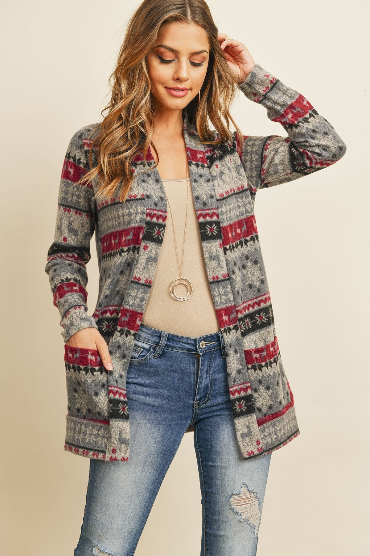 Riah Fashion - Boho Print Long Sleeved Front Pocket Open Cardigan - 2 COLOR COMBOS -