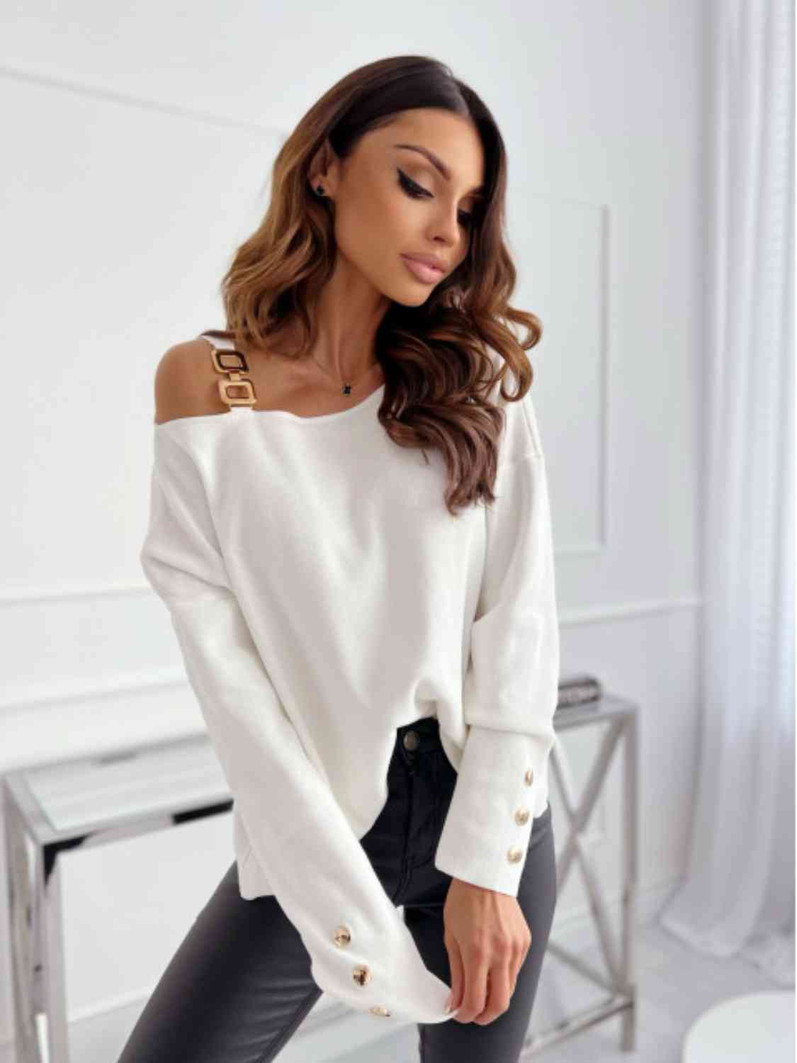 Asymmetrical Neck Buttoned Top - T - 3 COLORS -