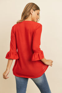 Thumbnail for Riah Fashion - Solid Bell Sleeve V-Neck Top - 5 COLORS -