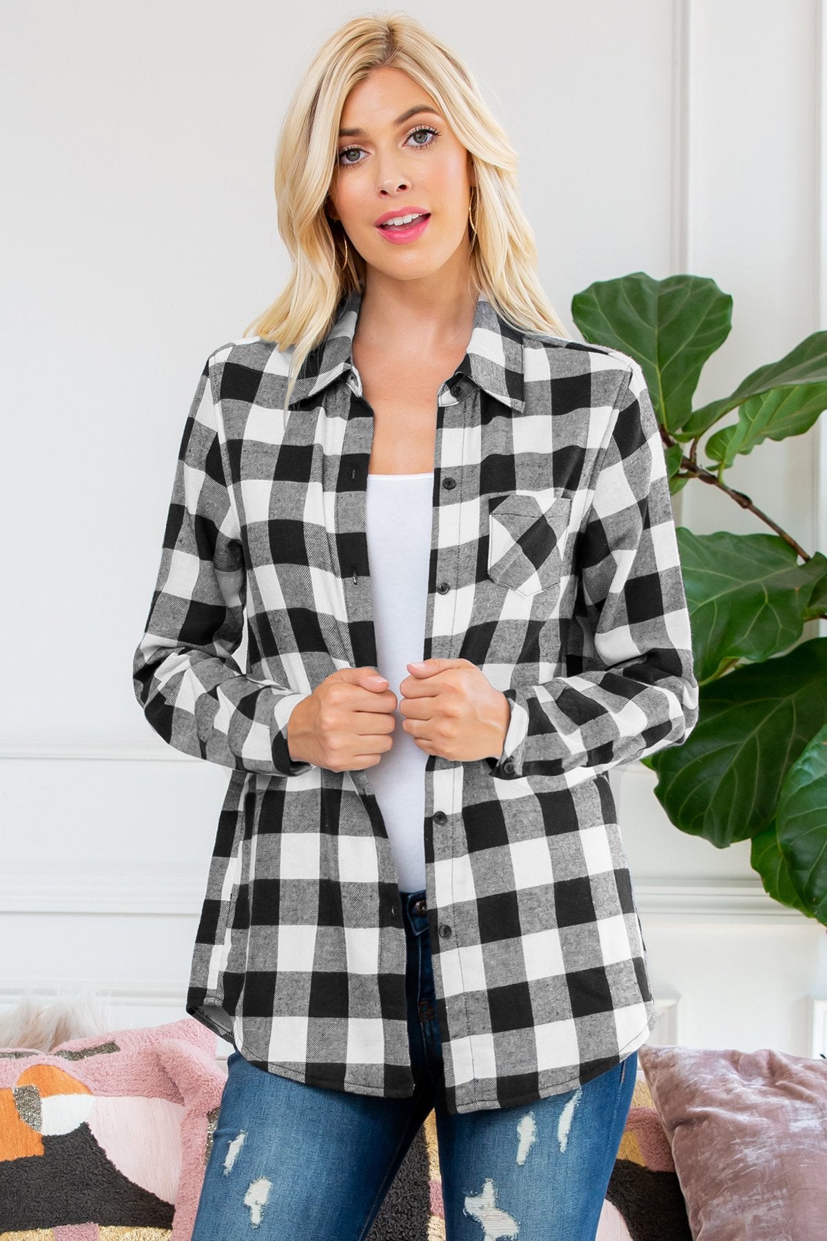 Riah Fashion - Sherpa Lined Plaid Flannel Top - 5 COLORS -