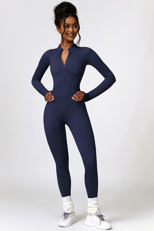 Half Zip Long Sleeve Active Jumpsuit - T - 5 COLORS -