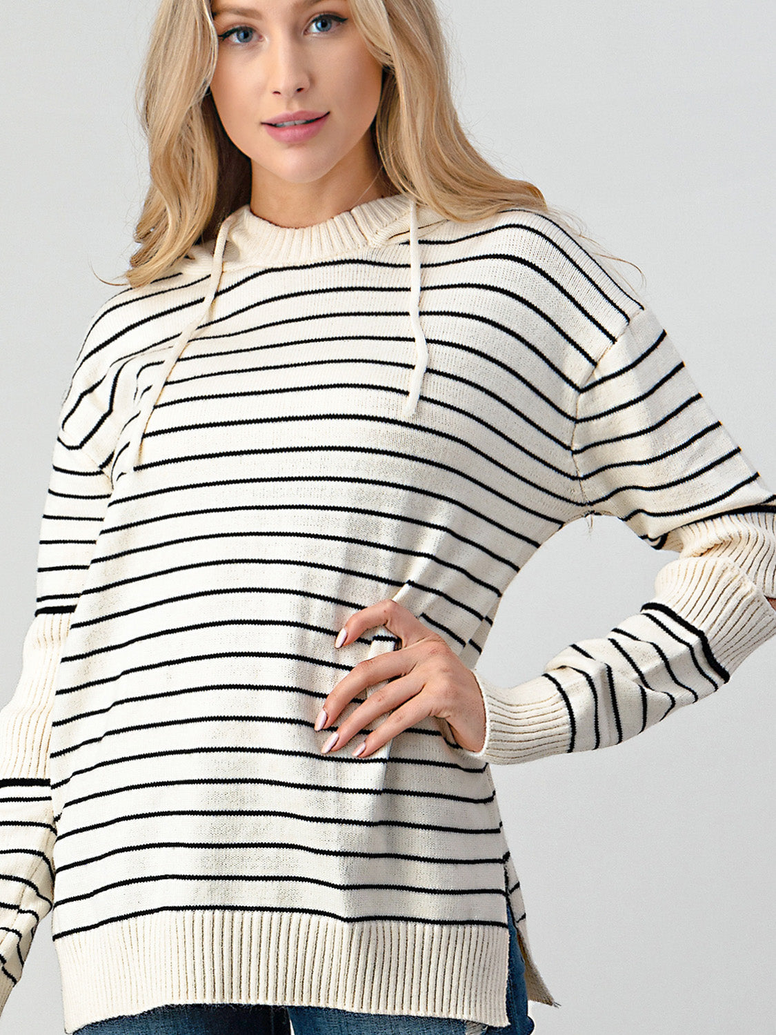 Striped Cutout Slit Hooded Sweater - T - 1 COLOR -